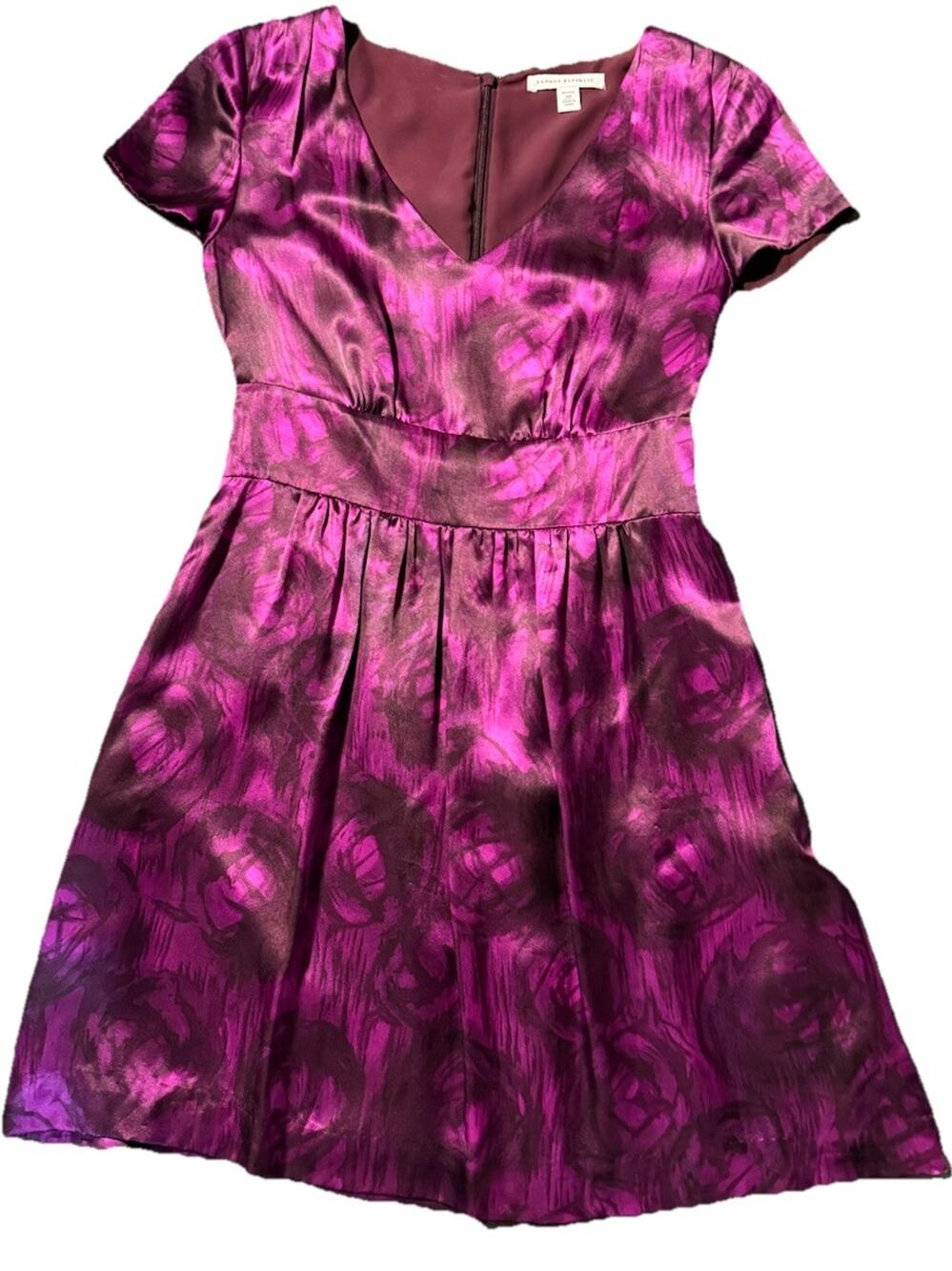 BANANA REPUBLIC Women’s Purple Floral Silk Midi Short Sleeve Dress V-Neck 4P